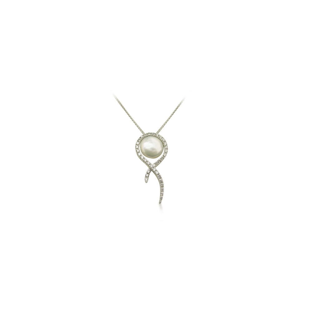 Diamond & Coin Pearl Pendant in White Gold