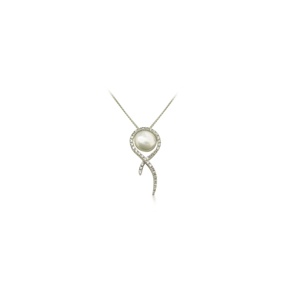 Diamond & Coin Pearl Pendant in White Gold