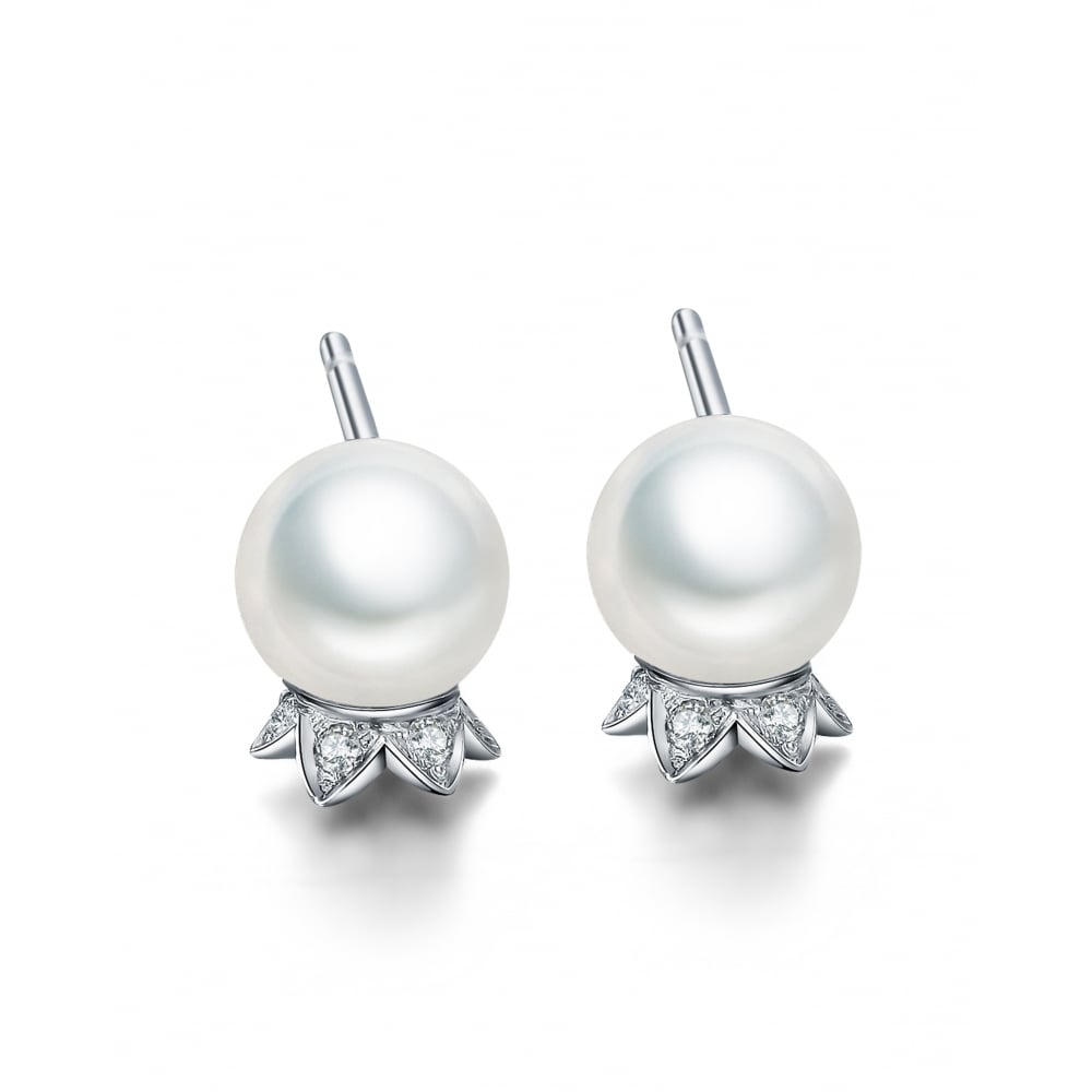 Lily of the Valley Stud Earrings with Pearls 9ct White Gold