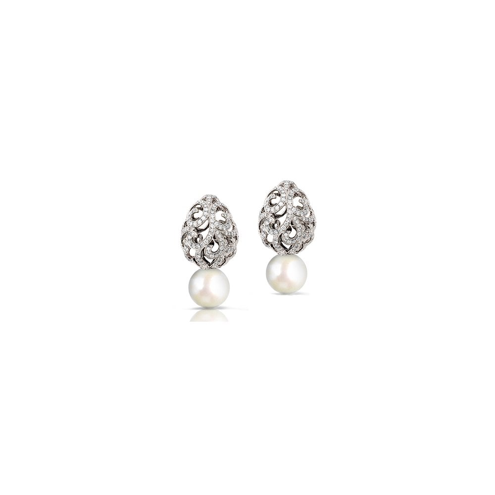Whispering Teardrop Diamond & Pearl Earrings in White Gold