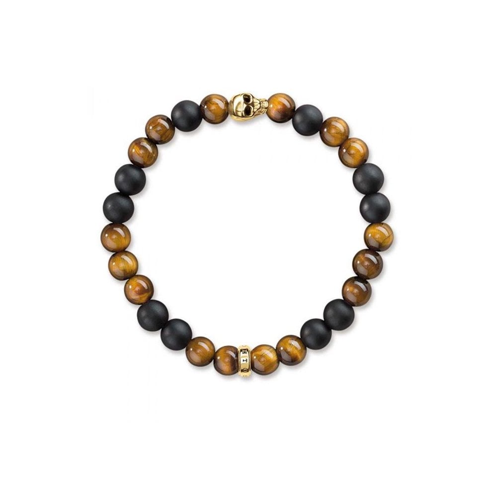 Black Obsidian & Tiger's Eye Bead Skull Bracelet - 17cm