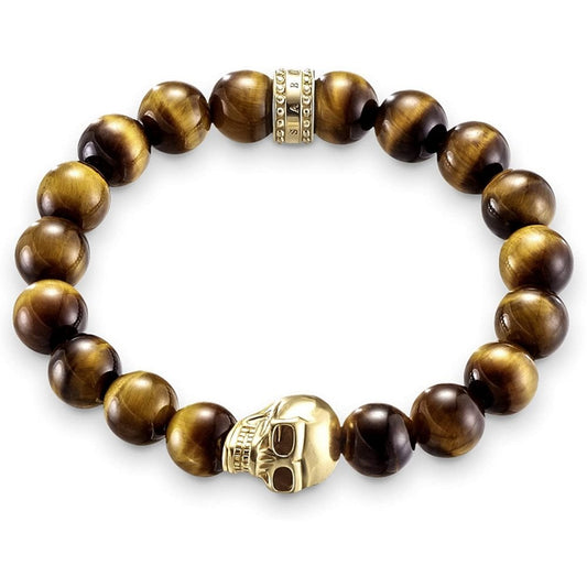 Brown Tiger's Eye Bead & Gold Skull Bracelet - 17cm