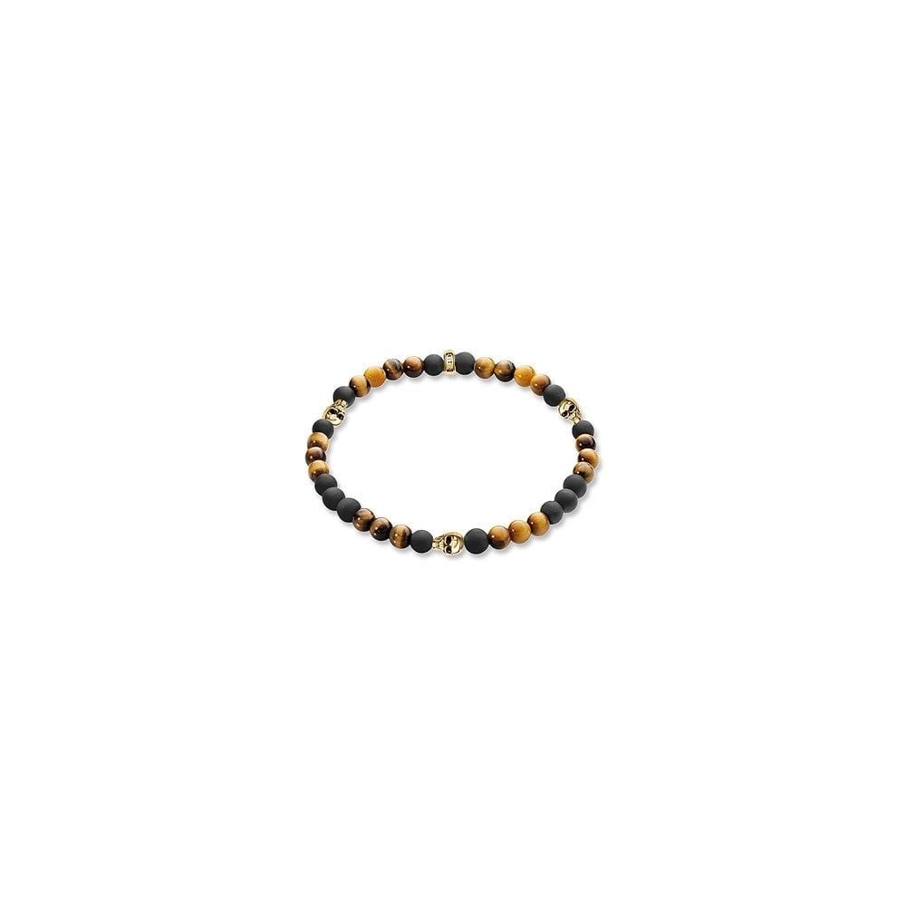 Black Obsidian, Tiger's Eye & Gold Skull Bead Bracelet -17cm