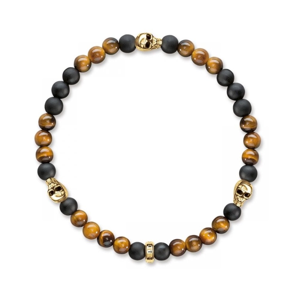 Black Obsidian & Brown Tiger's Eye Skull Bracelet - 17cm