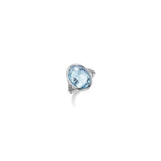 Silver & Light Blue Synthetic Oval Spinel Ring - Size 52