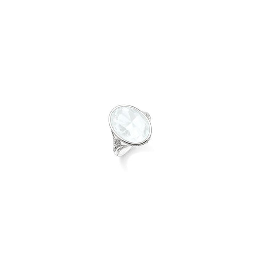 Silver & Milky Quartz Oval Lotus Ring - Size 54