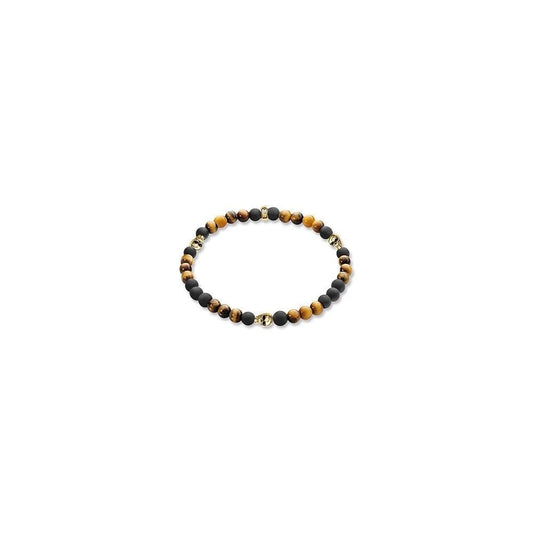 Black Obsidian, Tiger's Eye & Gold Skull Bead Bracelet -17cm